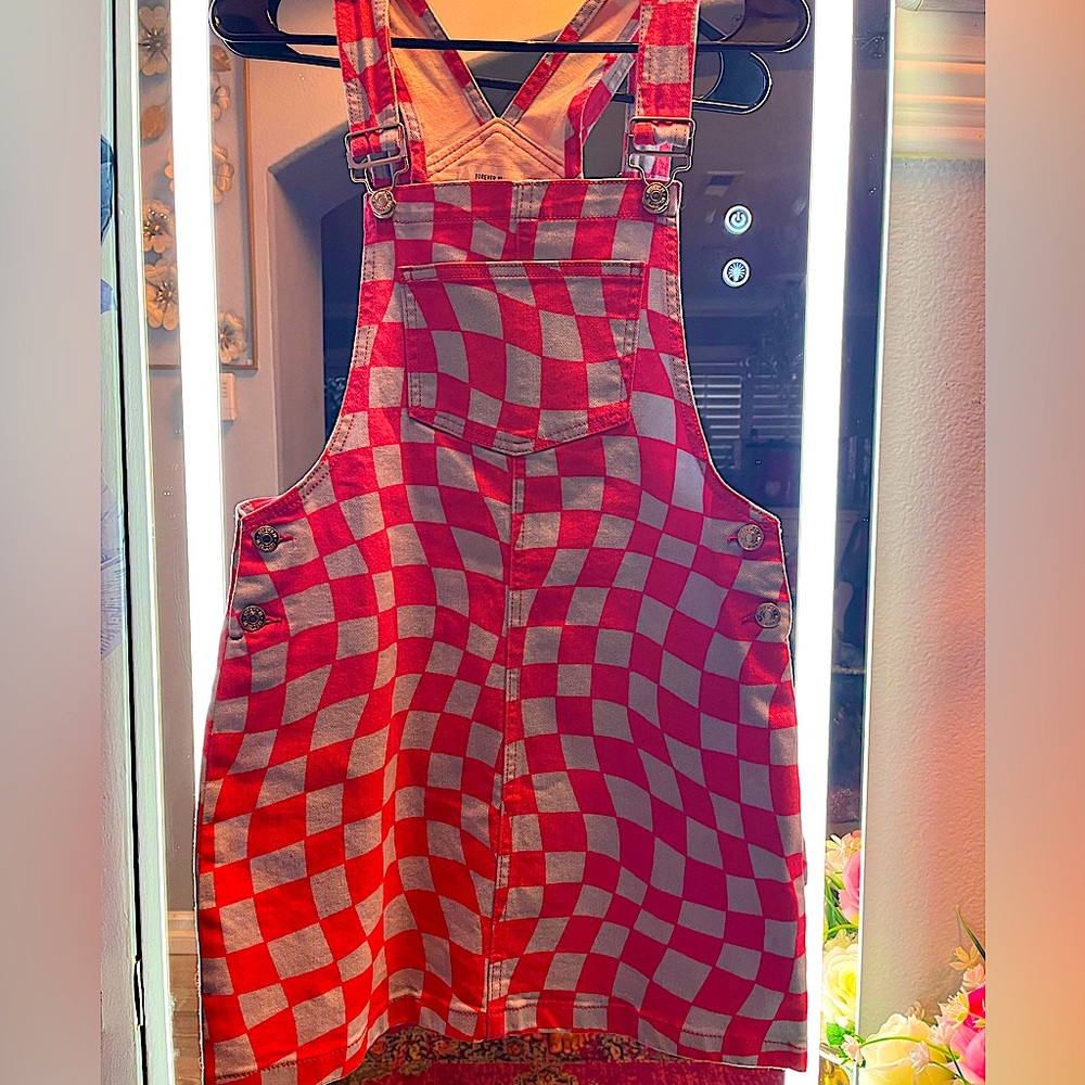 Blue and pink checkered overall skirt